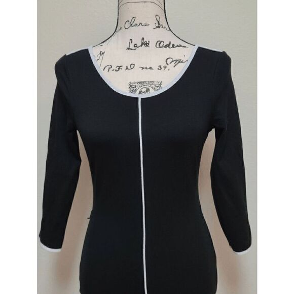 VENUS Black Contrast Trim 3/4 Sleeve Round Neck Keyhole Back Shift Dress Size XS - Picture 7 of 13